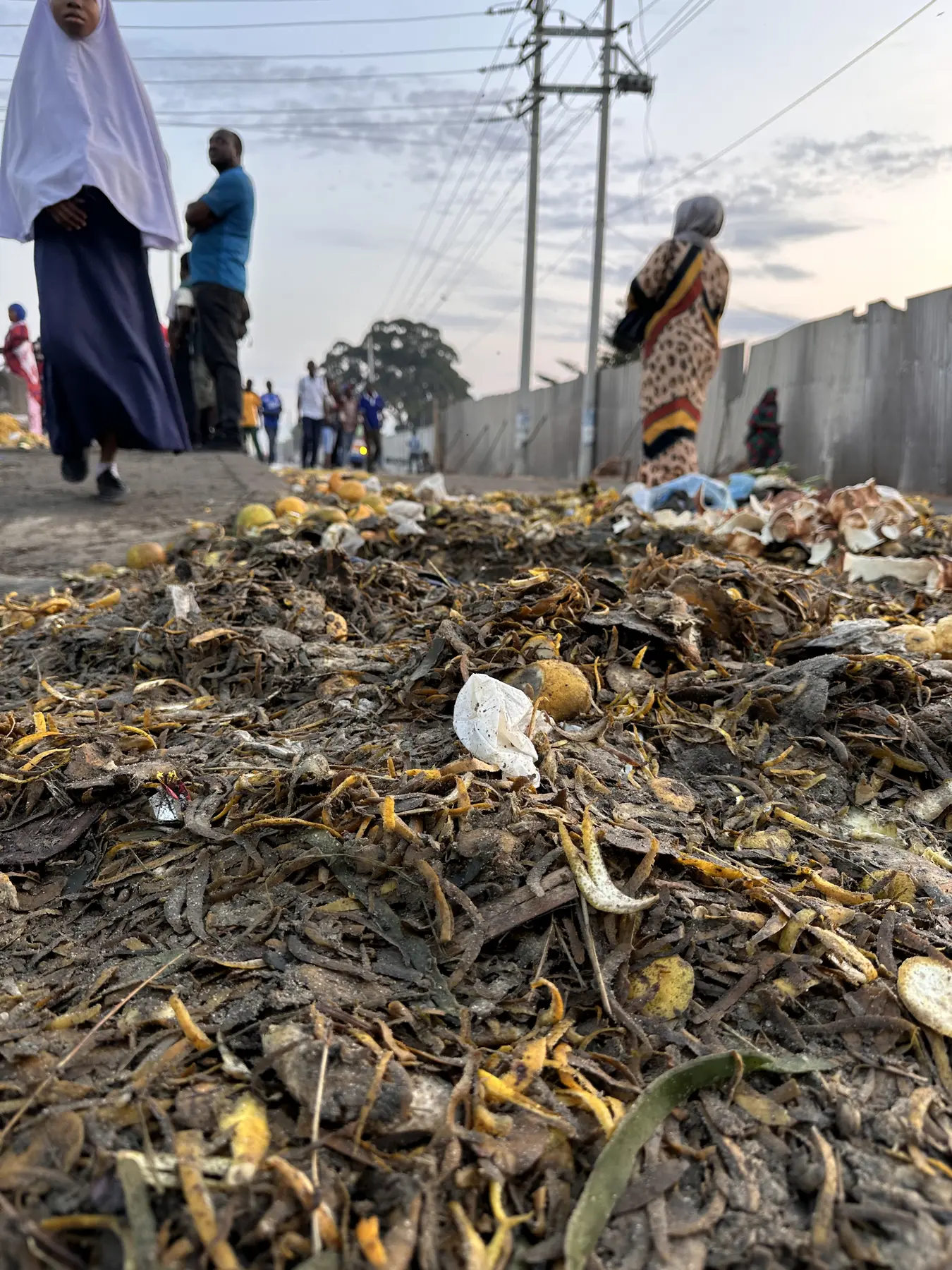 Discarded peels gathered beside a market